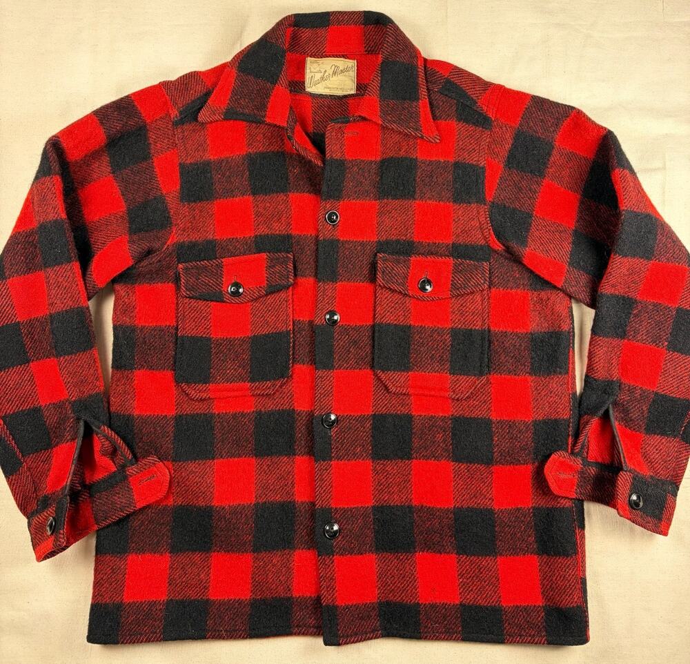 Vtg 1950s Minnesota Woolen Wool Buffalo Plaid Shirt Jacket CPO L